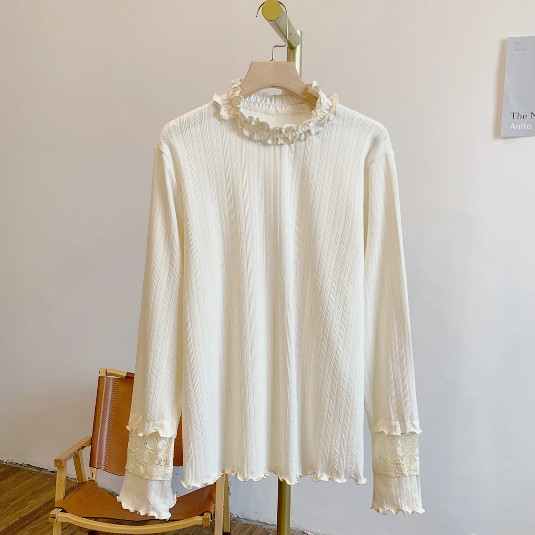 香雪球C4923提花蕾丝拼接木耳边立领长袖T恤