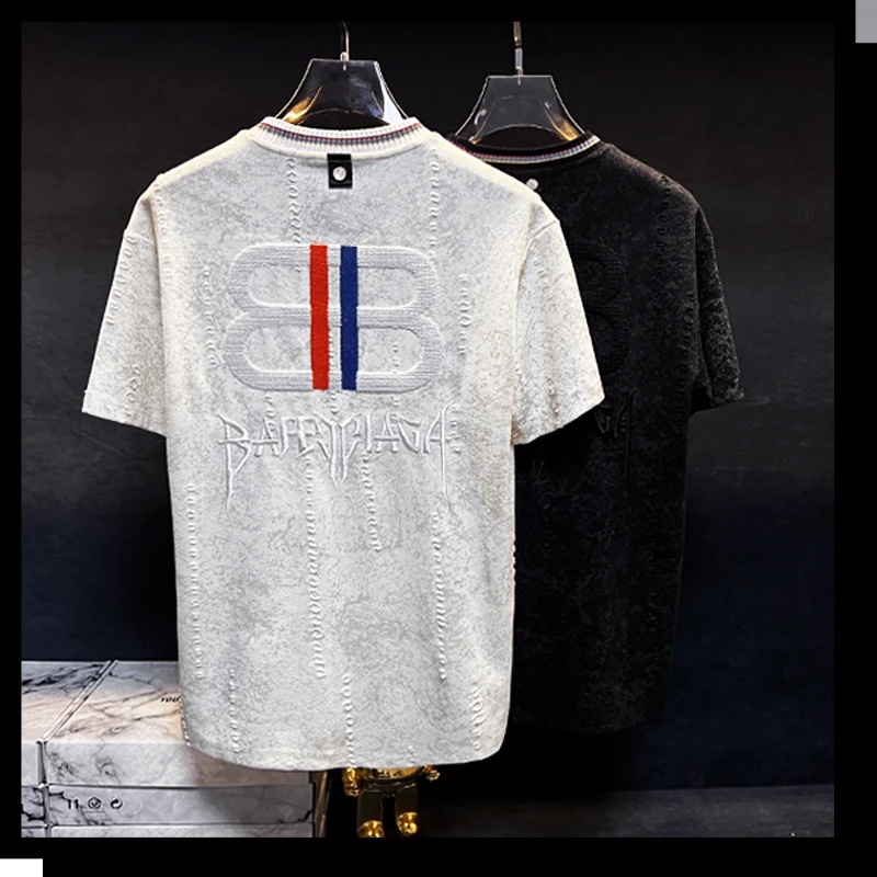 【DL】潮牌磨破复古短袖t恤2025新款半袖男士大码2025流行短袖T恤