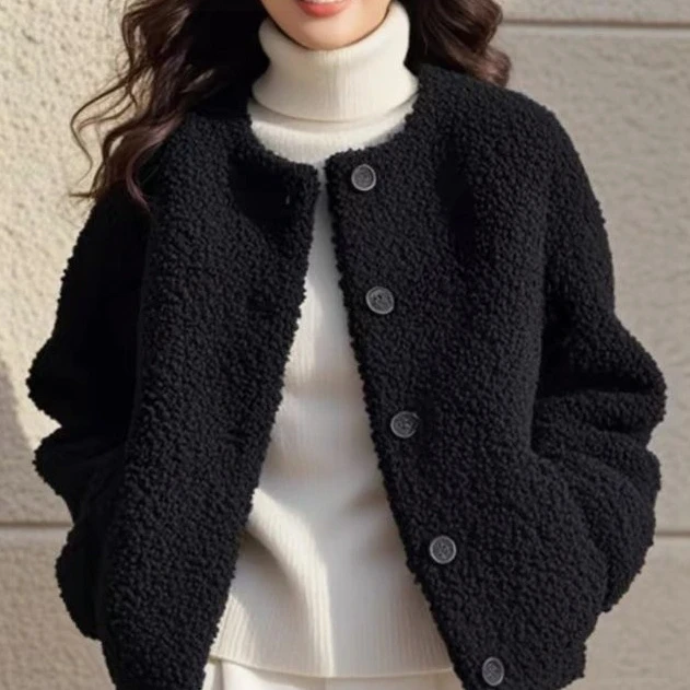 &HR毛绒绒短款外套女春秋冬季新款时尚保暖休闲黑色颗粒绒