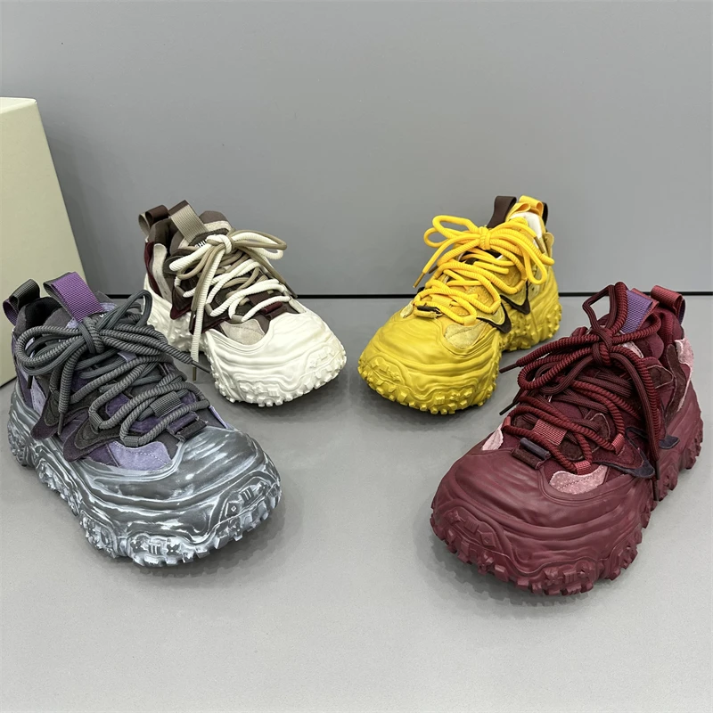 女士休闲时尚百搭系带厚底透气复古网面秋季拼色拼接新款潮流潮鞋