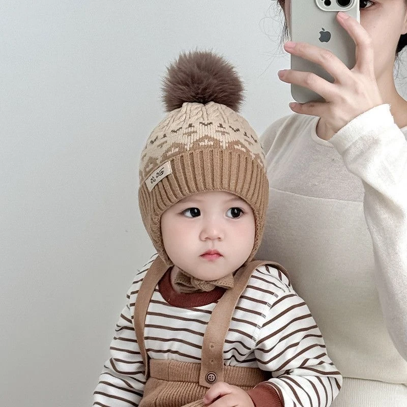 宝宝毛线帽秋冬季韩版男女儿童毛球护耳帽提花套御寒头防风保暖帽