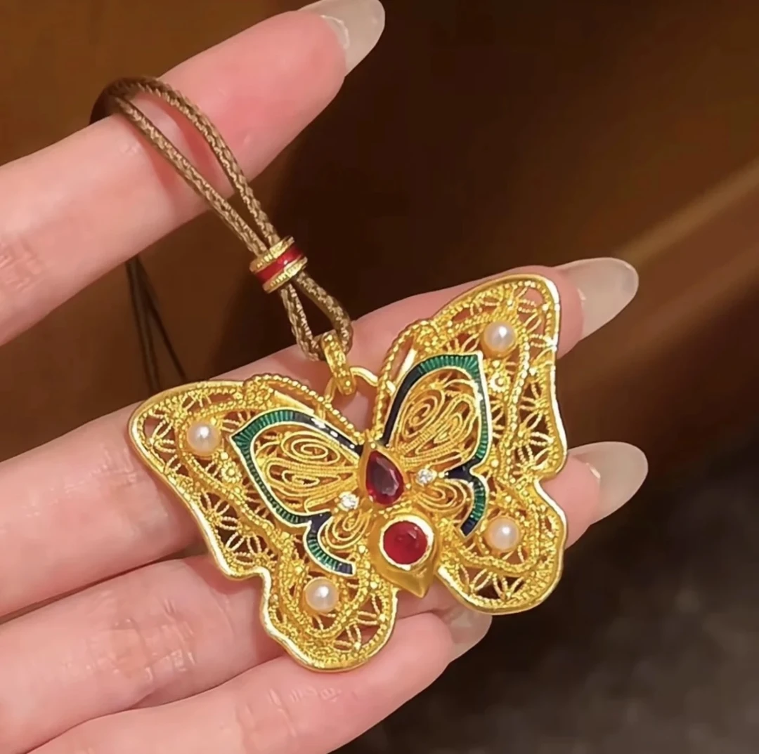 非金属布艺项链 古法珐琅彩玲珑花蝶吊坠新中式珍珠蝴蝶项链女款