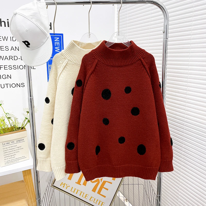 冬季女大童圆点毛衣洋气时尚儿童针织保暖休闲上衣zb5030简约童品