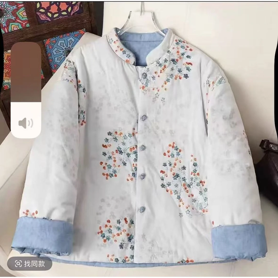 新中式棉衣女印花新中式落肩袖两面棉服棉服网红长袖