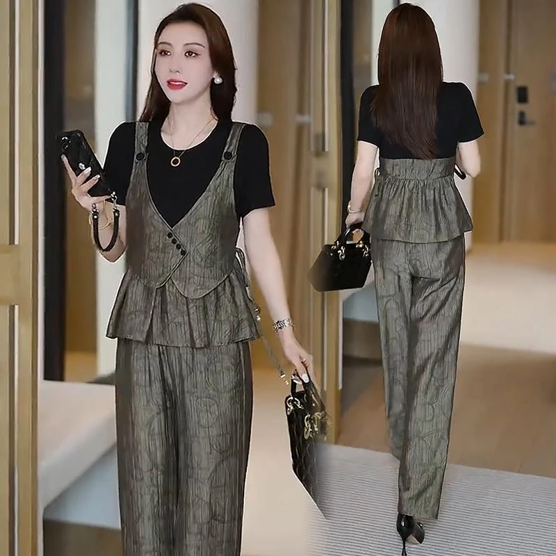 时尚休闲套装女2025夏季新款洋气宽松假两件上衣显瘦直筒裤两件套
