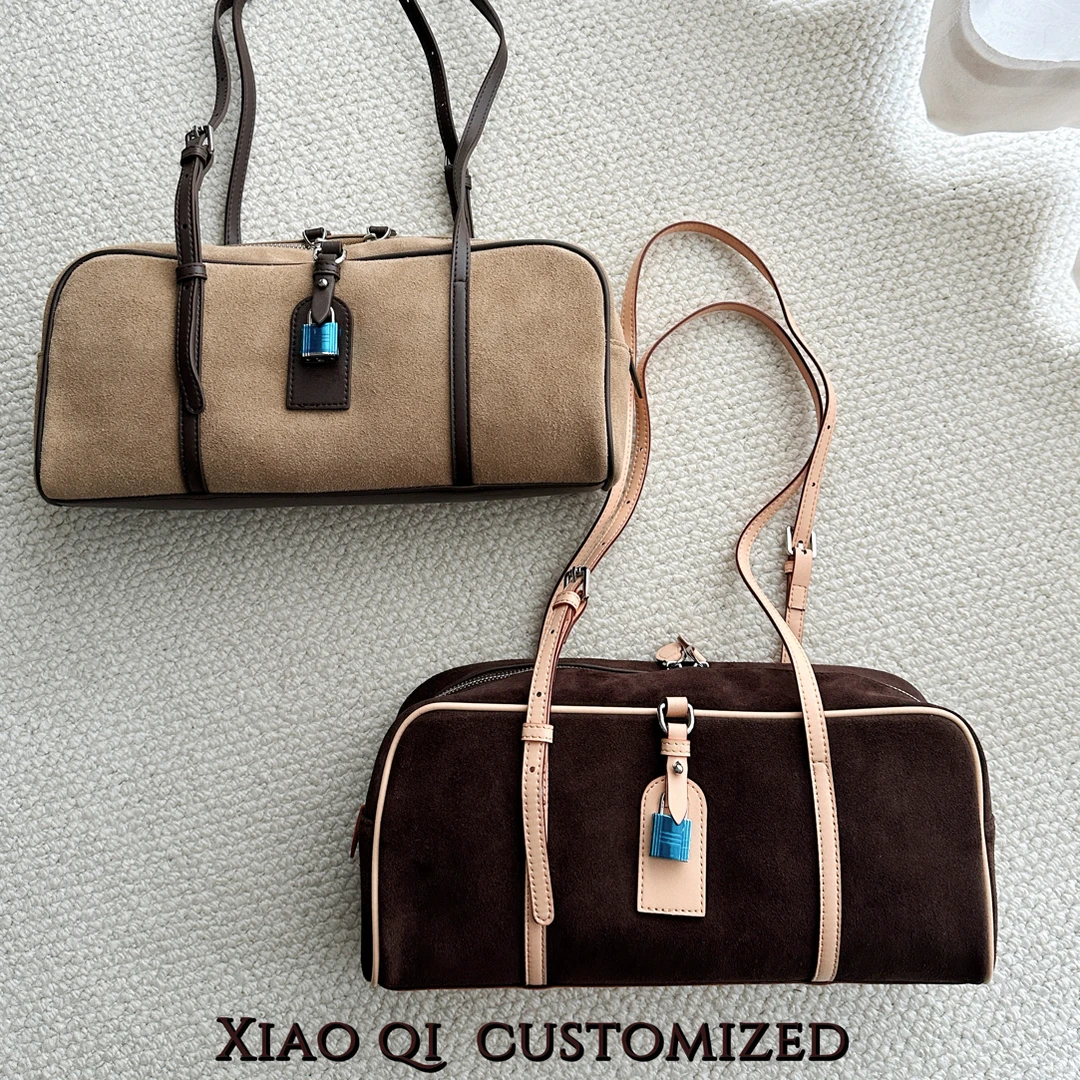 Xiao Qi头层磨砂牛皮咖啡色系通勤手提包个性波士顿包百搭复古韩