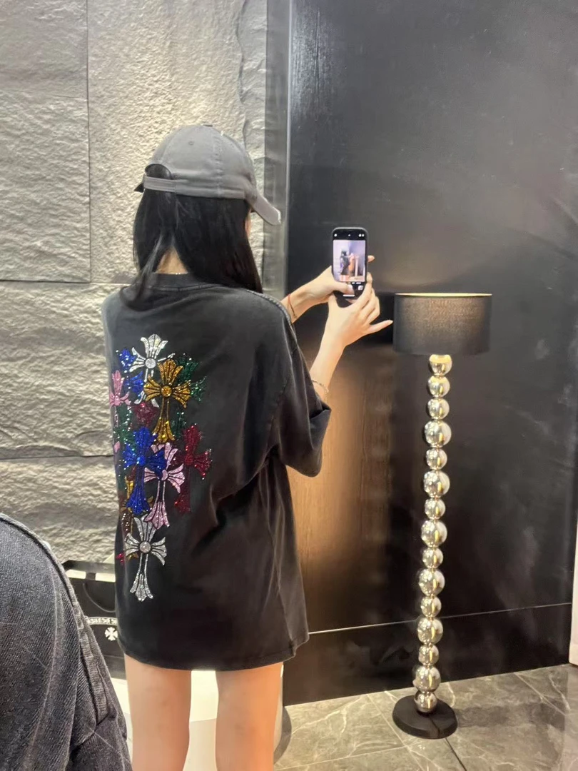 【杨娇娇COCO】春夏新款重工洗水烫钻宽松中长款圆领T恤