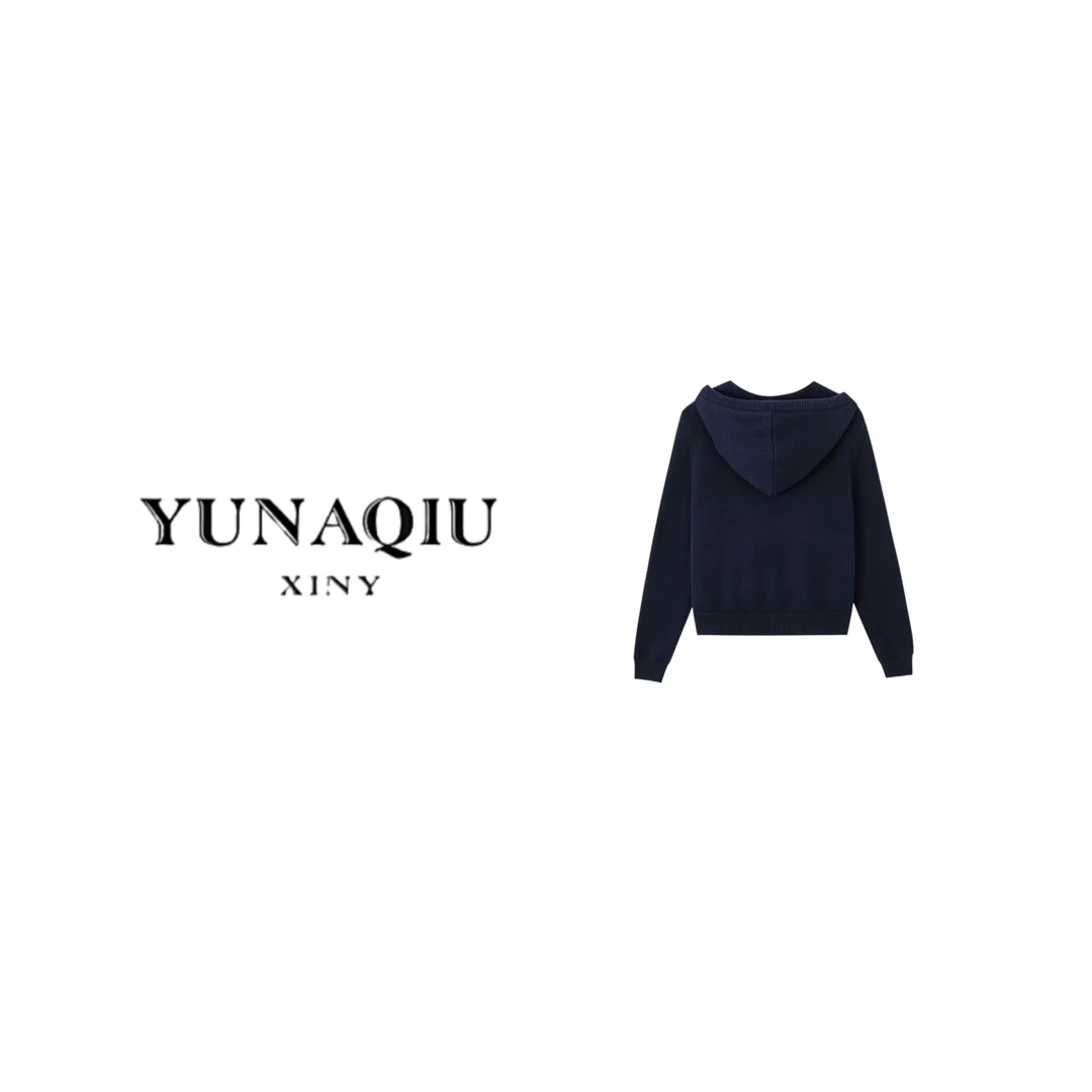 YUNAQIU-连帽钉珠花朵蓝色针织衫-9885