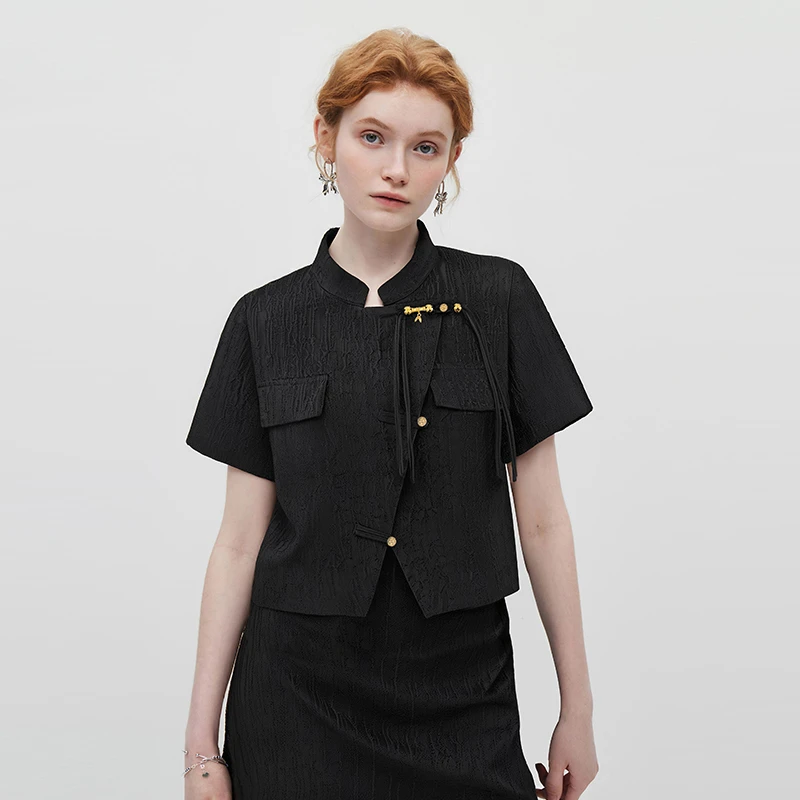 立领垫肩提花盘扣短袖衬衫女小众通勤国风小衫夏季新款