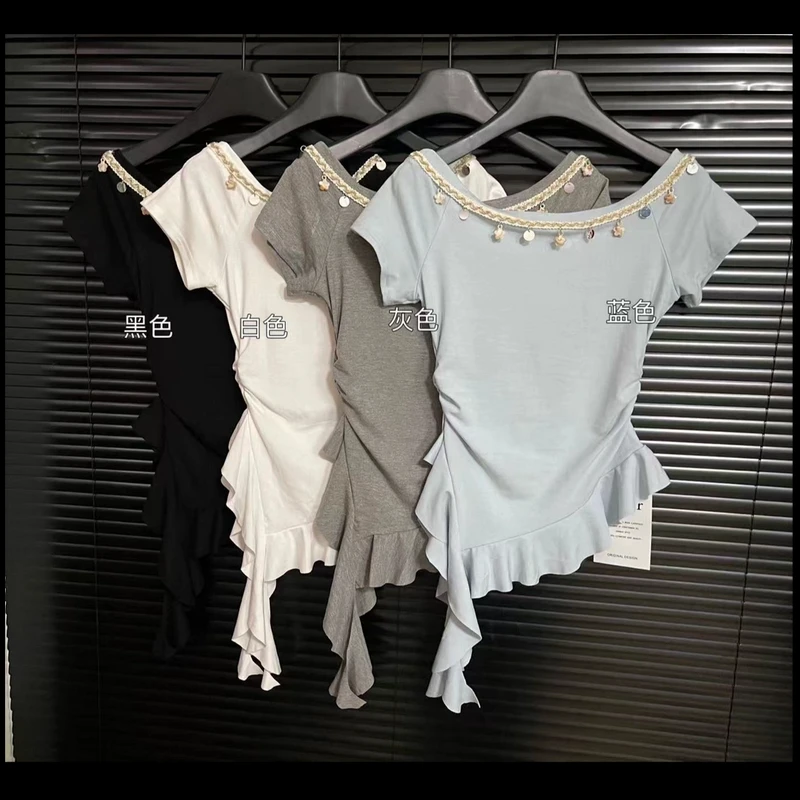 五角星贝壳设计感不规则上衣女夏季新款百搭斜领露肩短袖T恤