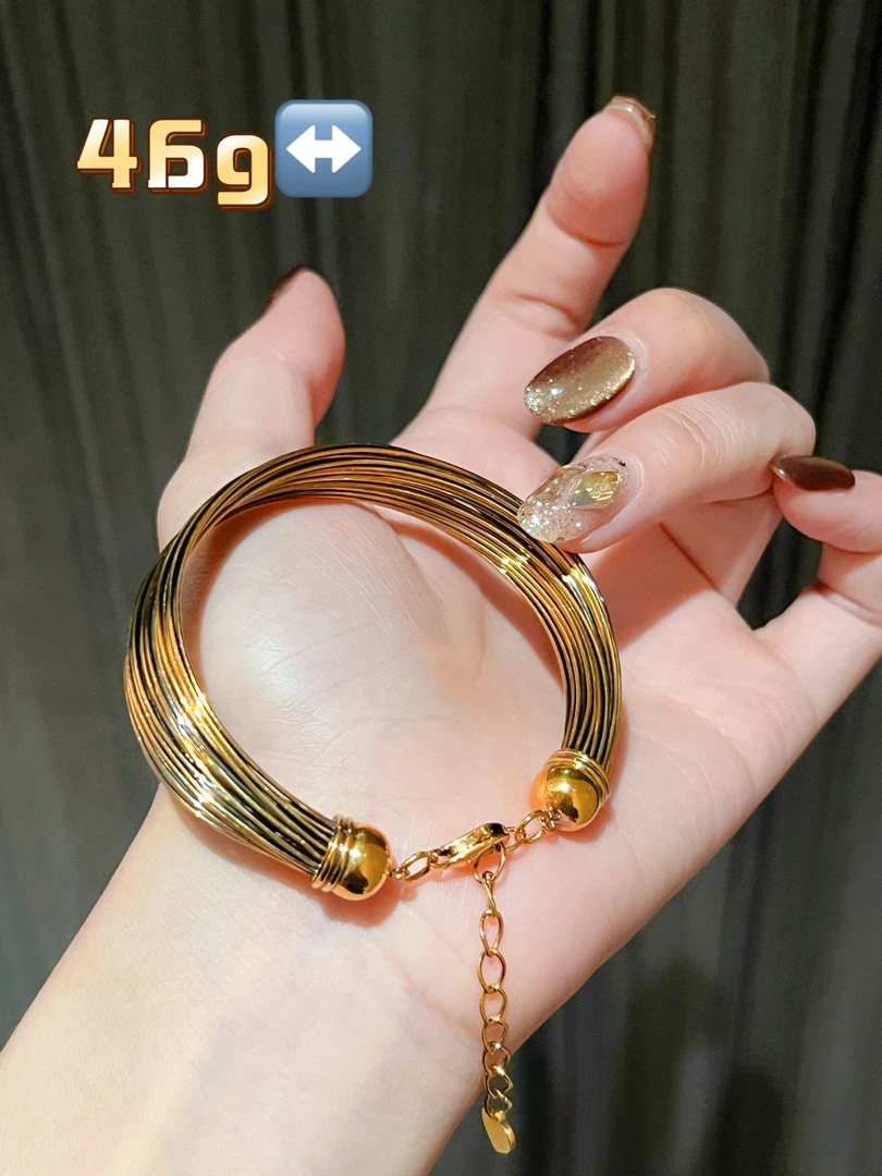 电黑金黄金足金百搭复古时尚潮流气质简约多层金丝手镯手链小众镯