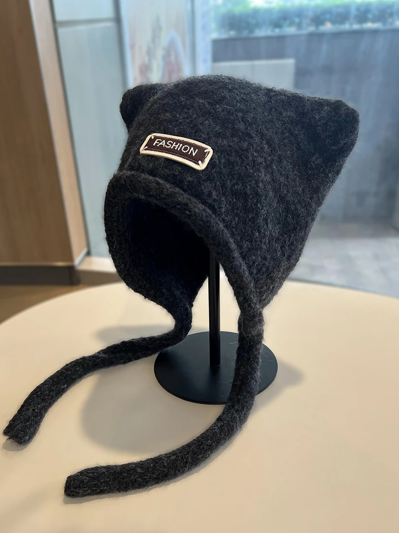 可爱耳朵毛线帽子女秋冬保暖护耳针织帽卷边大头围防风防寒包头帽