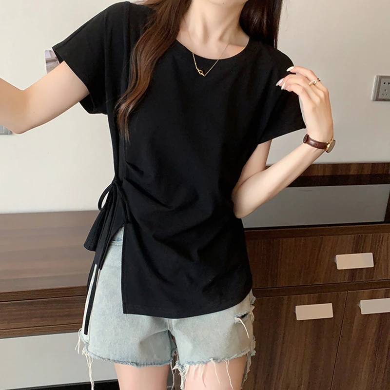 夏新2025女圆领褶皱立体蝴蝶结抽绳纯欲风多巴胺风格洋气短袖T恤
