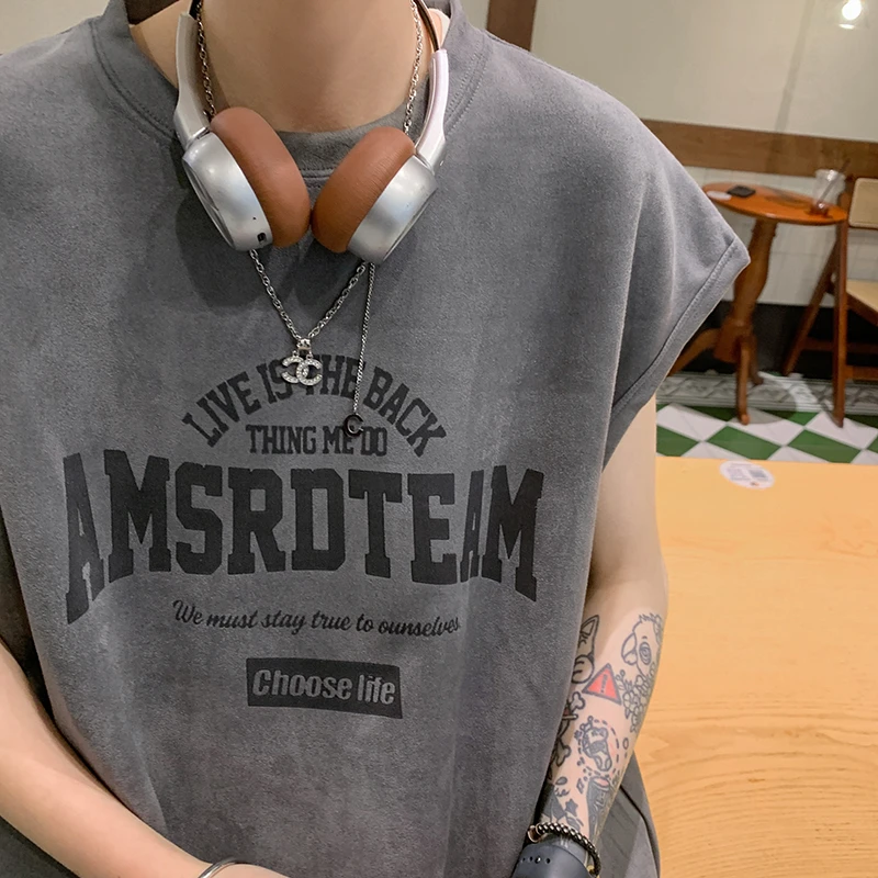 【富富】夏季美式质感宽肩背心男士复古宽松无袖ins高街印花运动