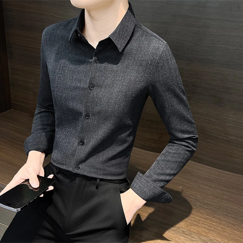 磨毛男士长袖衬衫高级感痞帅2025新款春秋季商务修身衬衣男款春装