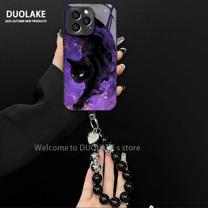 适用于苹果/oppo/华为/vivo/小米暗紫猫咪电镀玻璃手链防摔手机壳