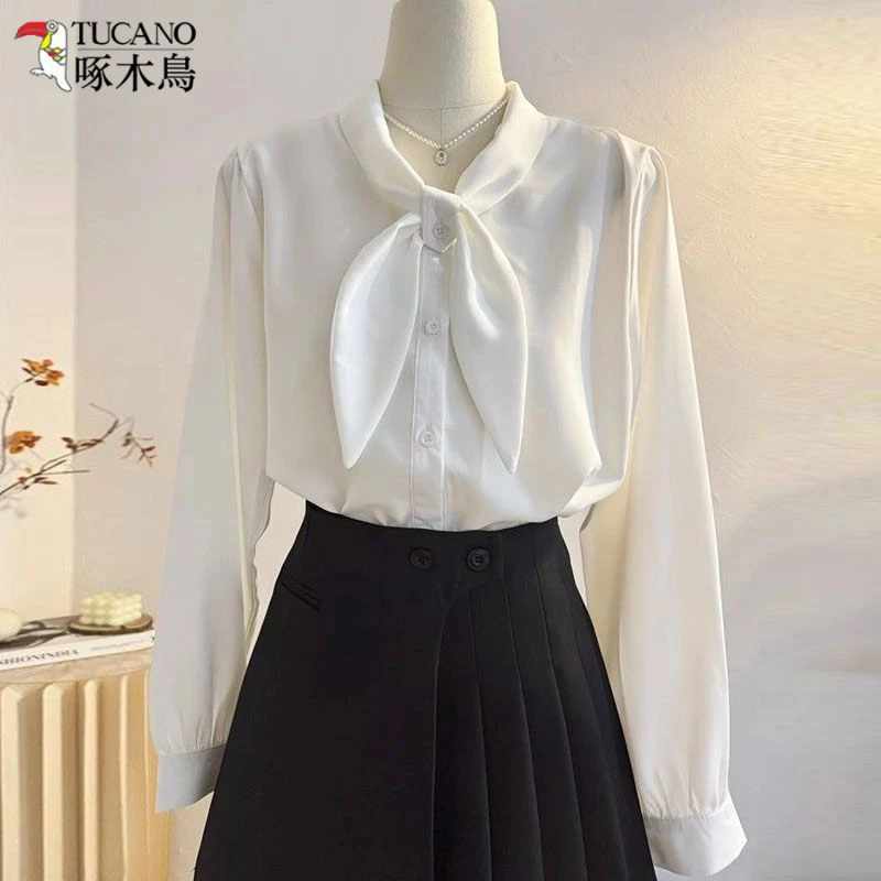 TUCANO/啄木鳥雪纺衬衫女装法式兔耳朵蝴蝶结春秋款时尚长袖上衣