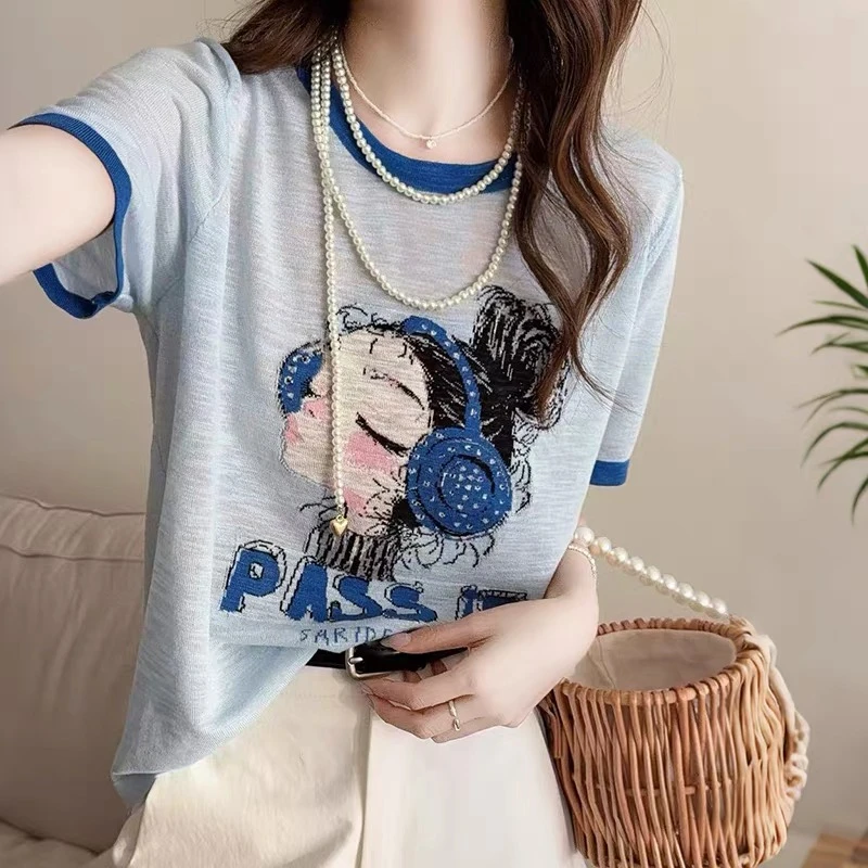 夏季甜酷风带耳机女孩印花针织t恤休闲宽松薄款拼色短袖上衣5207