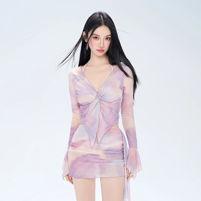 长袖比基尼泳衣女高级感晕染紫色纯欲少女保守遮肚显瘦钢圈聚拢