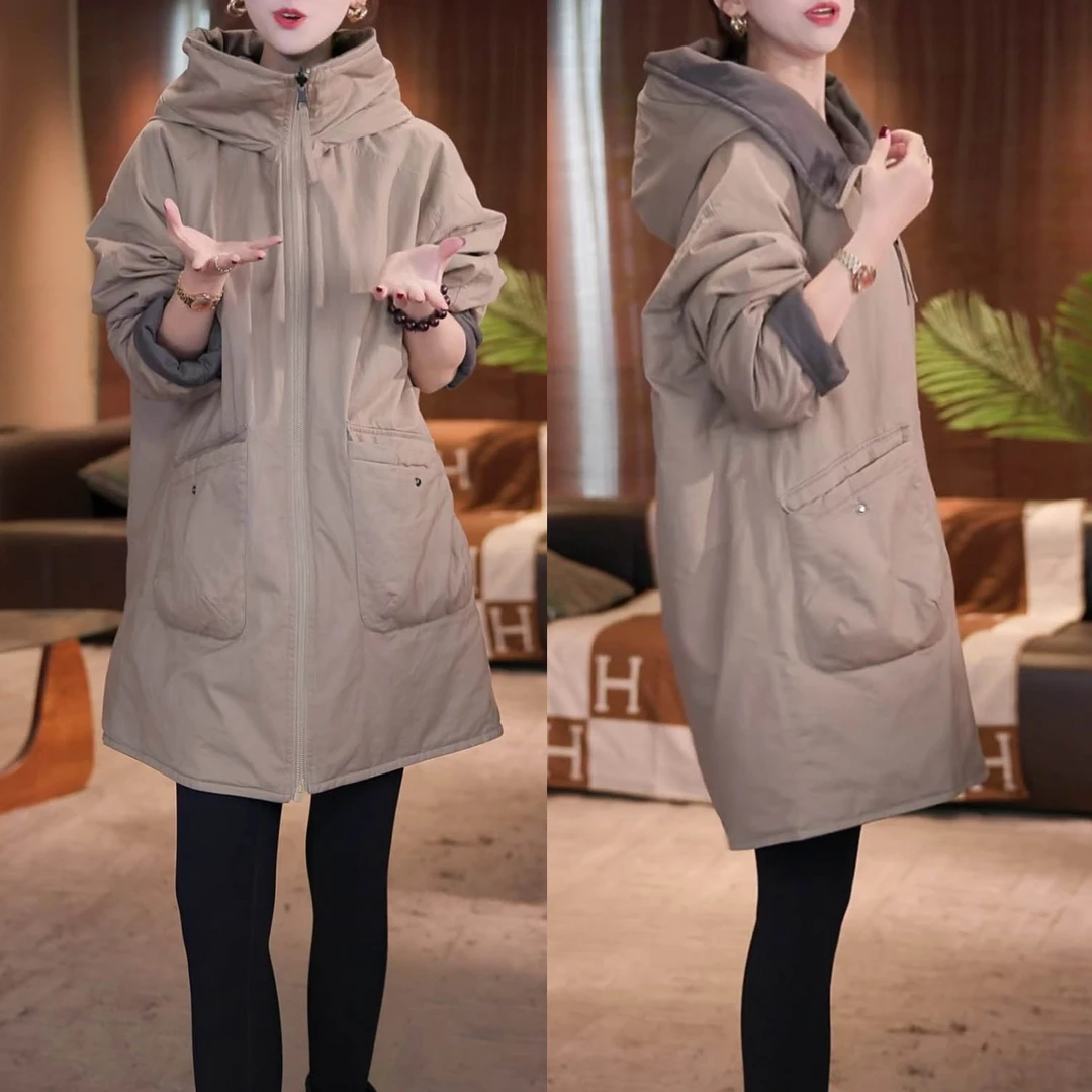 时尚加厚保暖连帽棉服外套2025冬季新款气质复古中长款双面穿棉衣