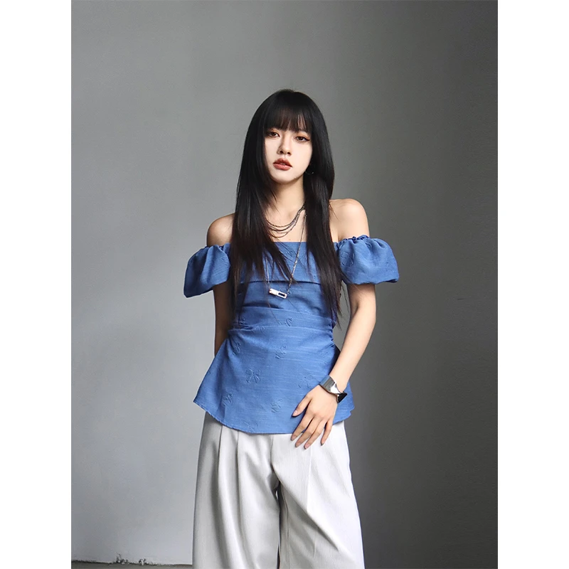 呆毛DM.FACTORY【宝石泪】夏季新款韩系泡泡袖一字肩上衣DMJ3876