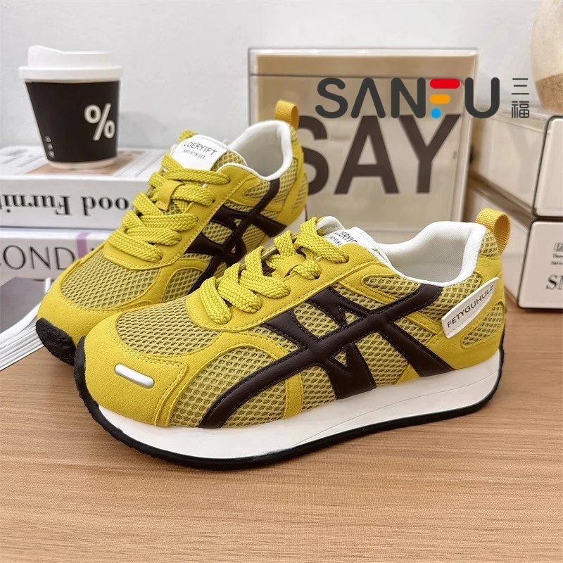 三福黄色超火德训鞋女2025春秋新款网面透气显脚小休闲运动阿甘鞋