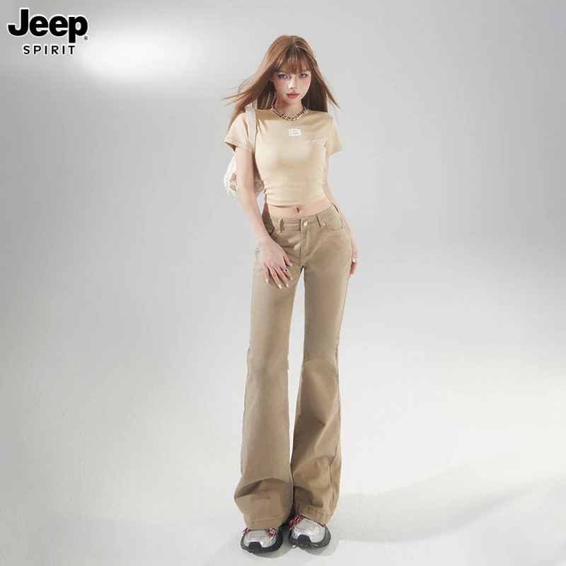 Jeep吉普美式复古喇叭牛仔裤女新款低腰宽松阔腿裤垂感辣妹微喇裤