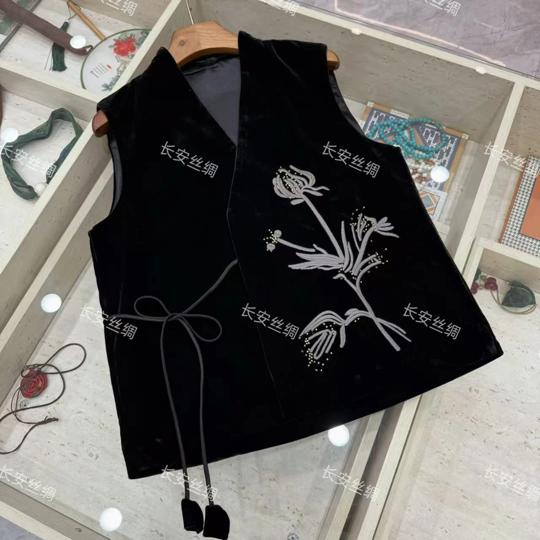 【长安】新中式国风复古休闲丝绒荷花马甲