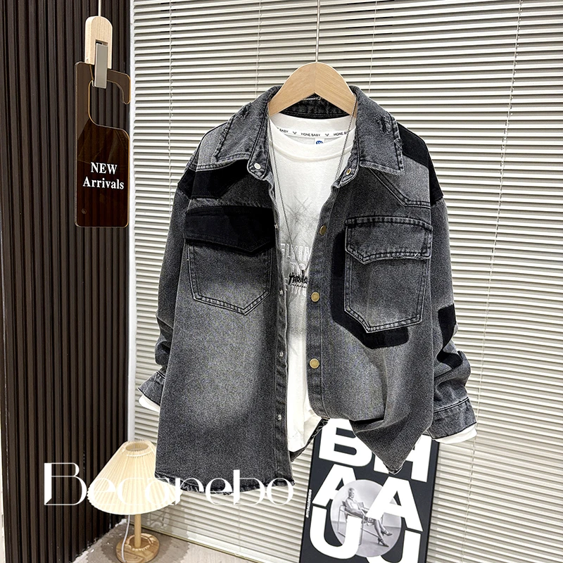 130-180【抽象拼接】青少年秋装男童牛仔外套中大童儿童春秋款男孩