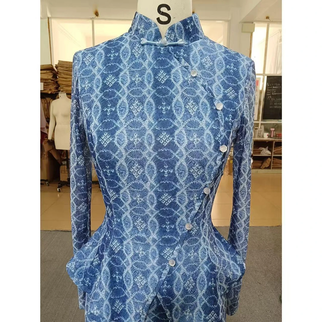 美人鱼【青花】时尚长袖显瘦连衣裙牛仔色提花气质网红衬衫修身