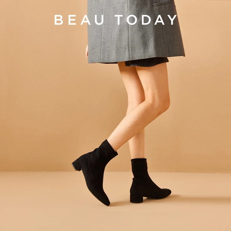 BeauToday【时尚轻奢】弹力袜靴女瘦瘦靴新款法式小踝靴黑色短靴