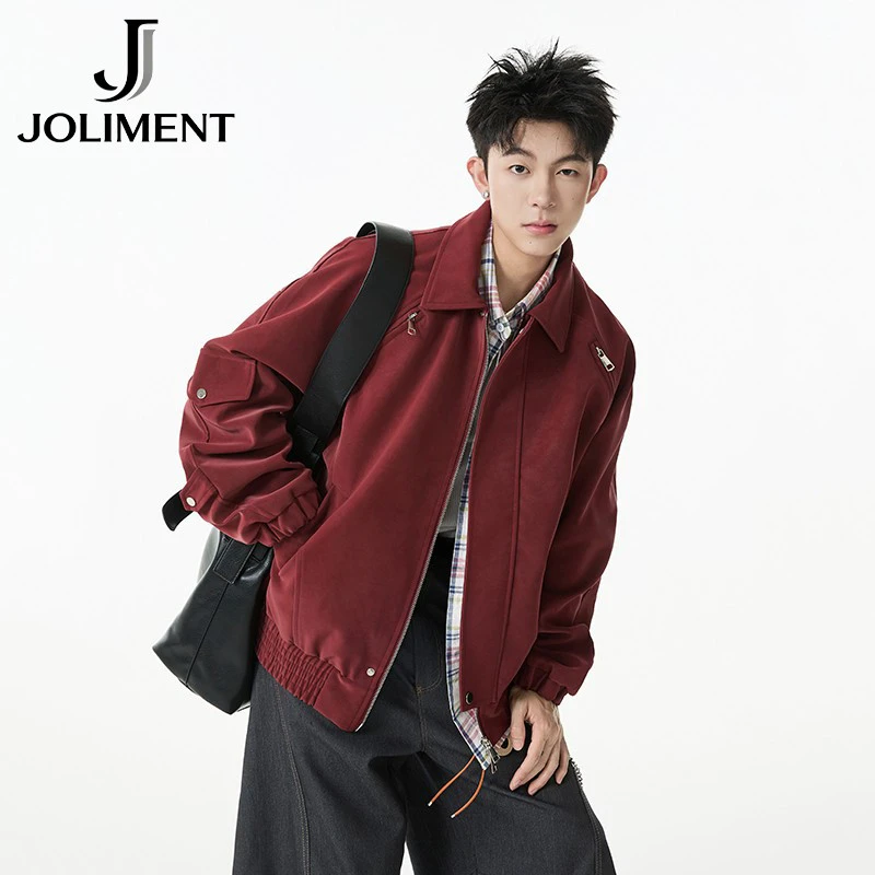JOLIMENT新年红色系美式高街扎染皮上衣夹克痞帅拉链机车服外套男