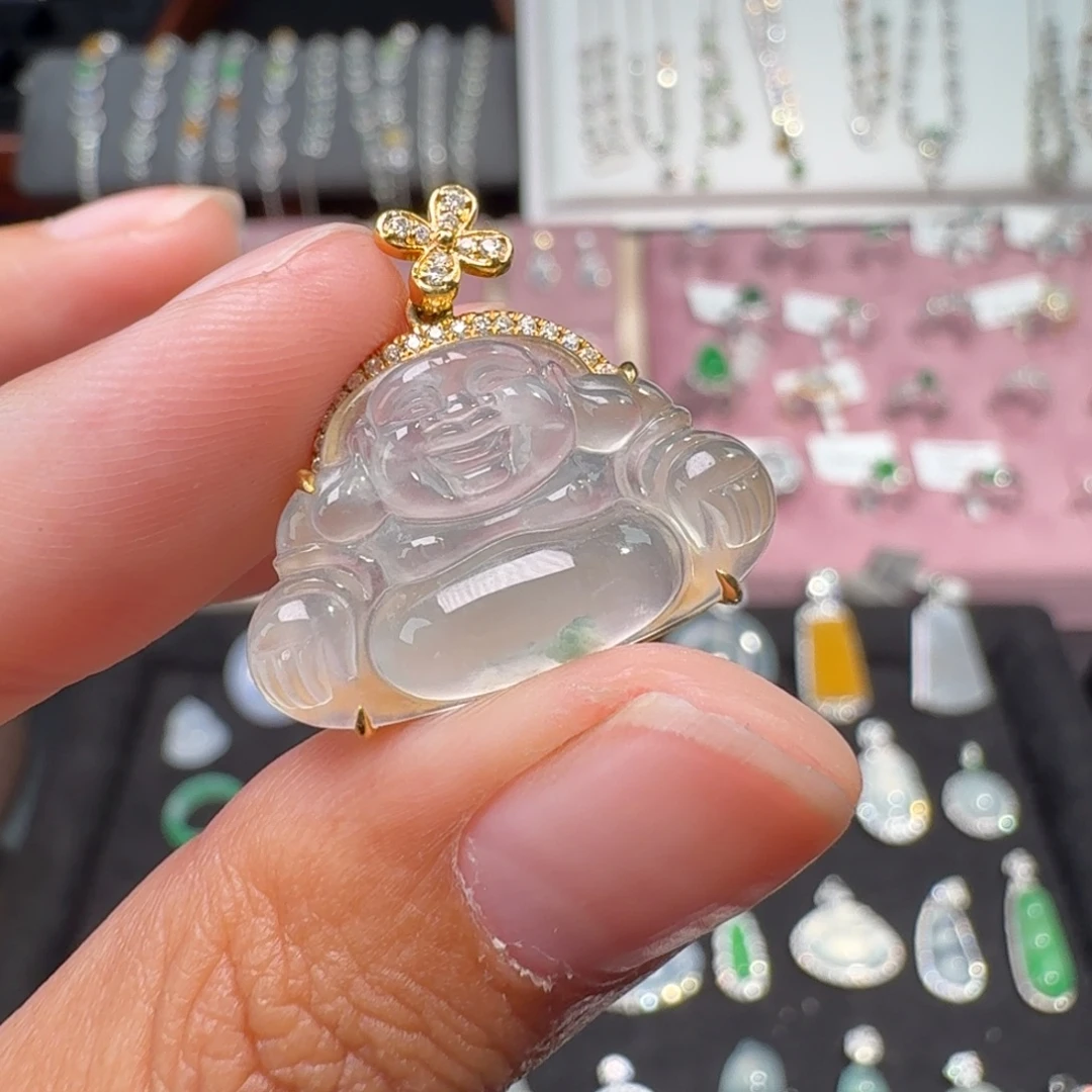 翡翠18K金镶嵌颈饰纯天然缅甸翡翠A货佛公