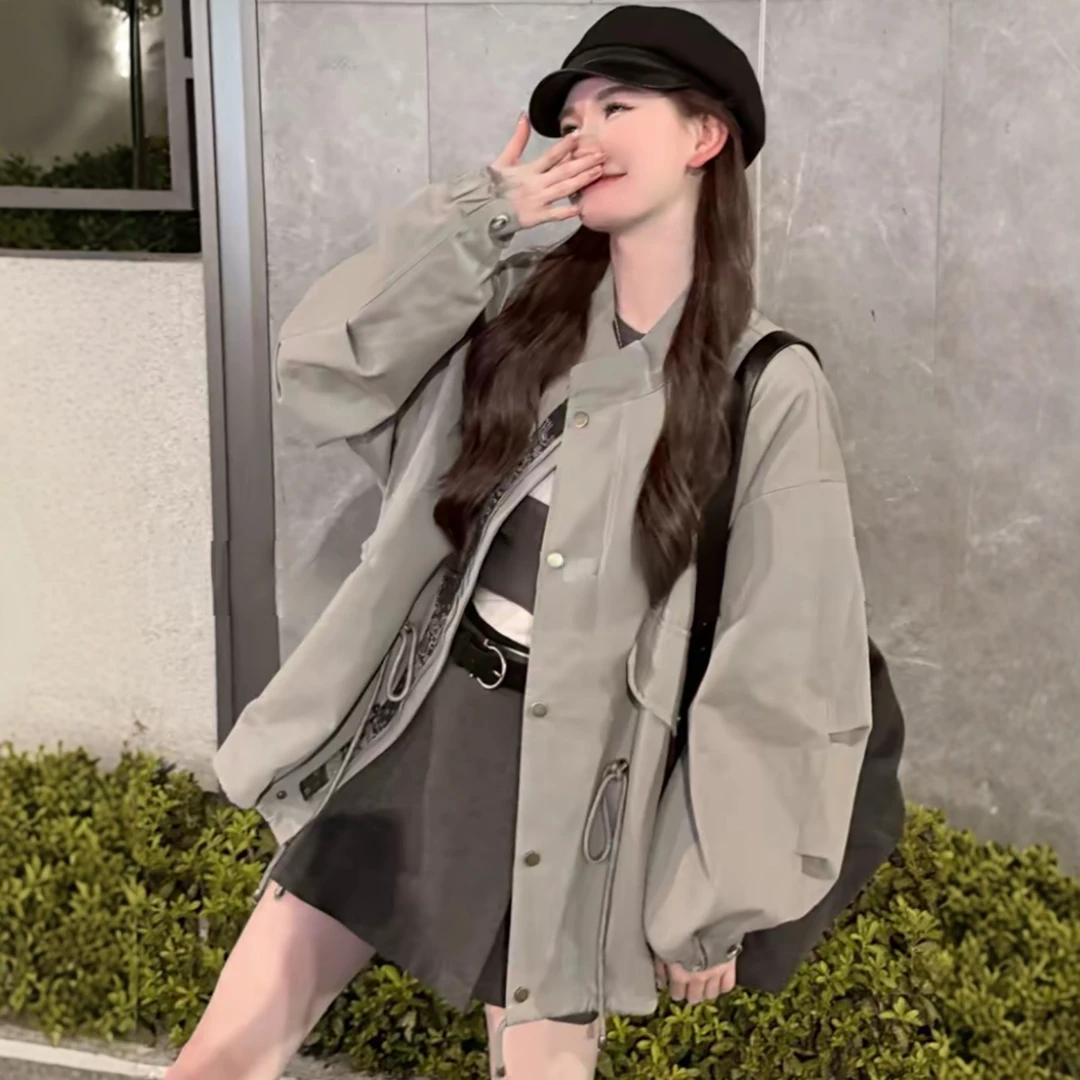 2025春秋季新款女士宽松立领抽绳风衣外套高级感休闲显瘦夹克上衣