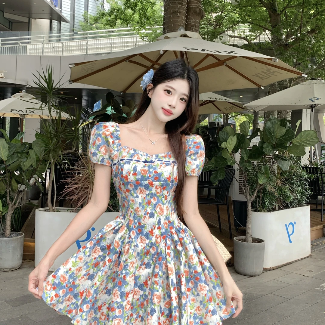 大码法式微胖短袖连衣裙女装夏季梨形身材碎花裙胖MM遮肚显瘦裙子