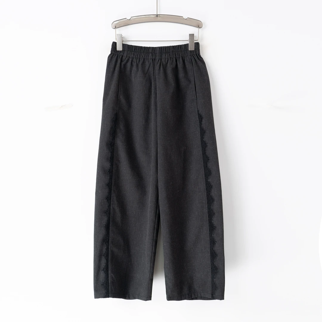 PK250418大码气质时尚裤子松紧腰直筒蕾丝拼接小众设计裤子纯色