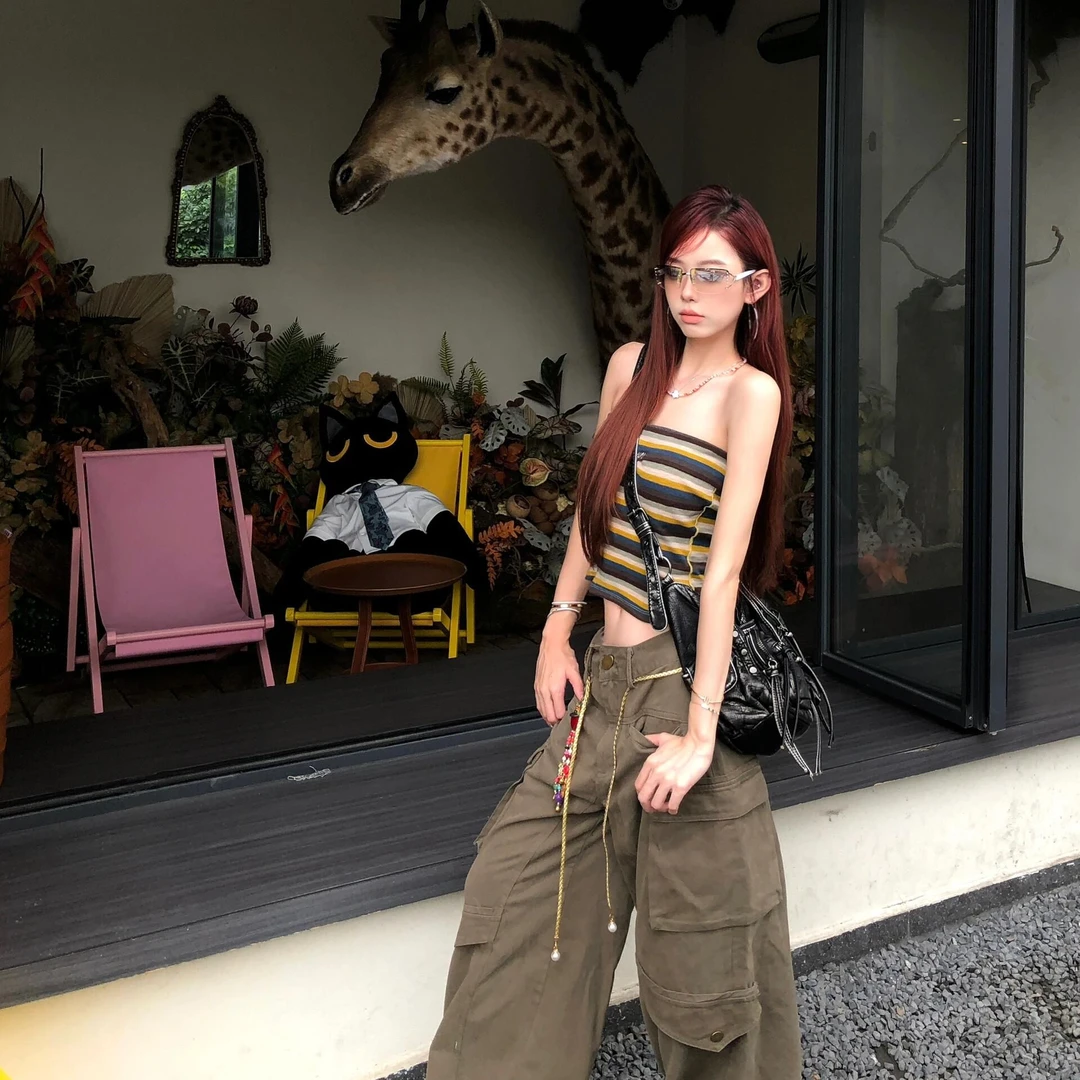 美式辣妹撞色条纹挂脖吊带背心女外穿夏季性感纯欲风短款抹胸上衣