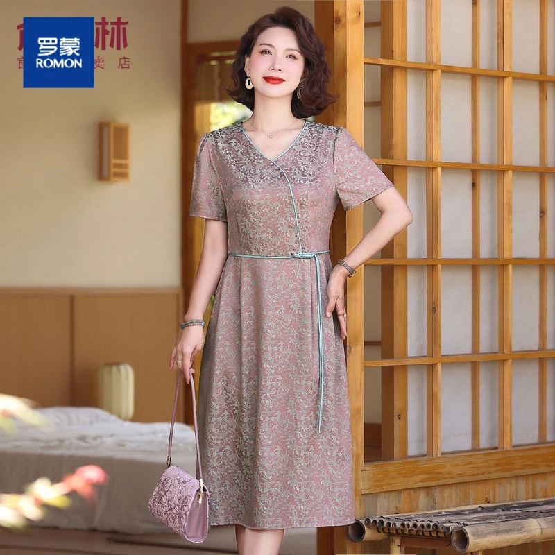 罗蒙短袖碎花中老年妈妈连衣裙女夏季新款时尚气质中长款裙子女