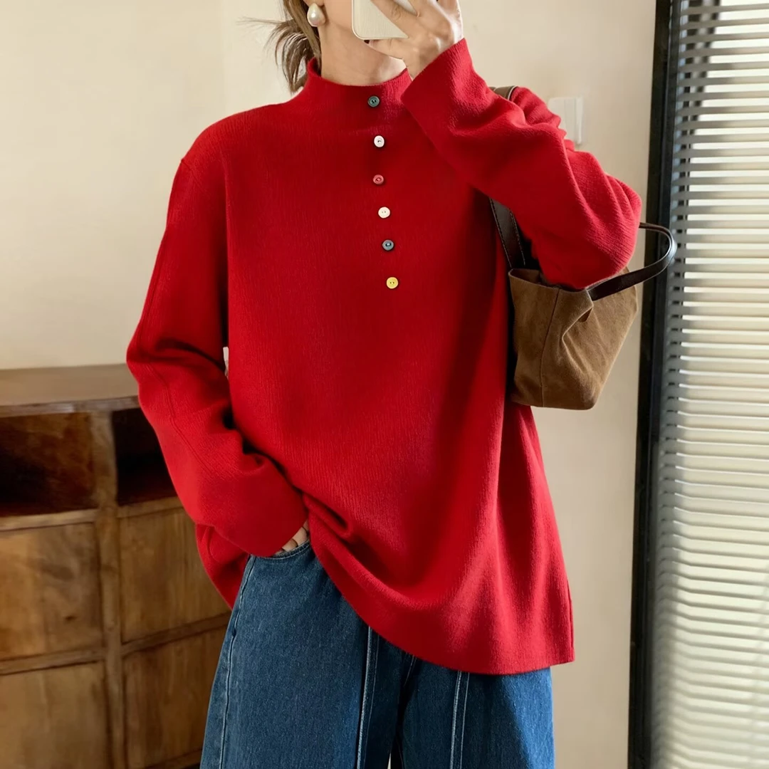 大码胖mm秋冬半高领针织打底衫毛衣女加厚一体绒彩色纽扣上衣4576