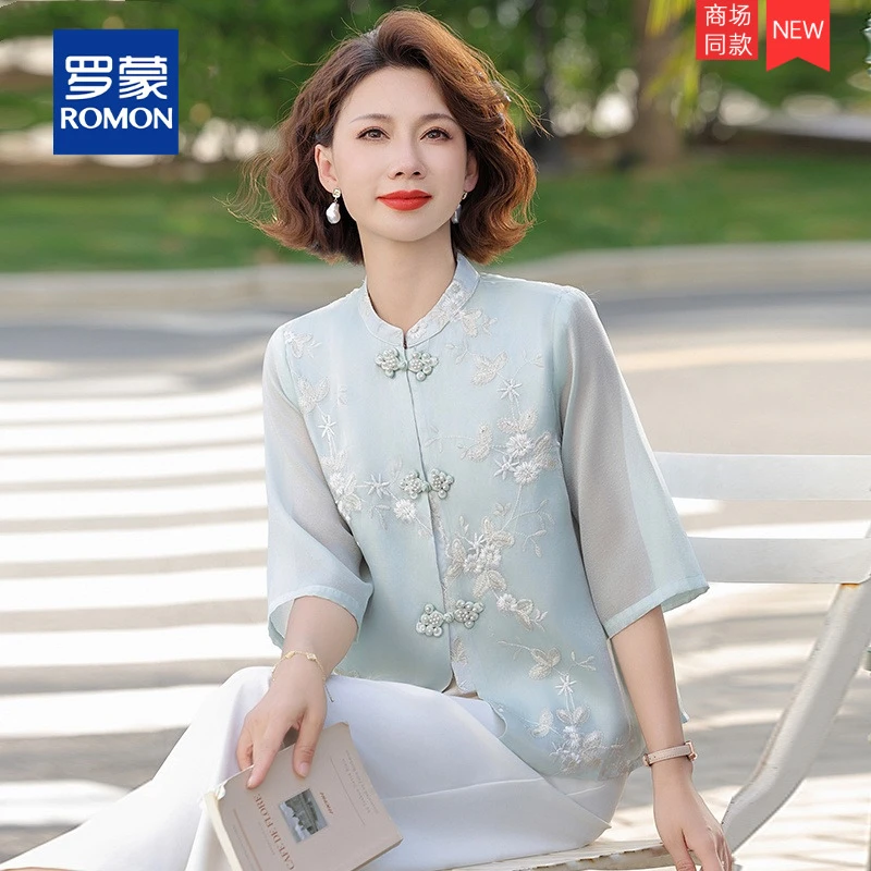 妈妈秋装新中式雪纺小衫2025新款中老年女装春秋季刺绣国风上衣服