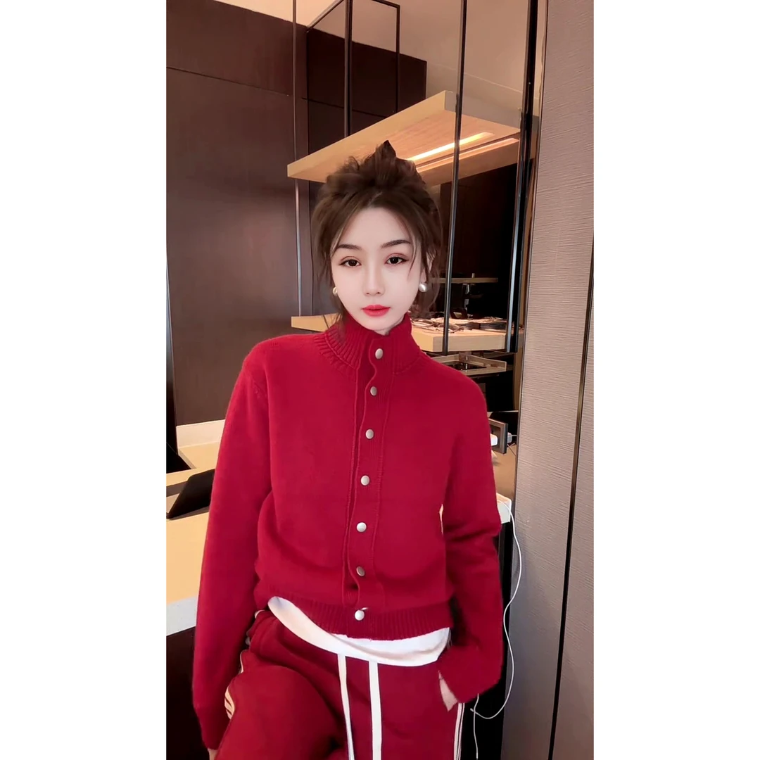 洋气时尚按扣立领毛衣开衫欧货气质百搭显瘦毛衣外套