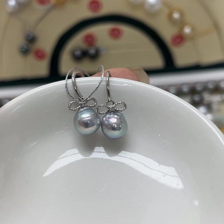 ****琪海水珍珠耳饰银S925镶嵌真多麻8-9mm