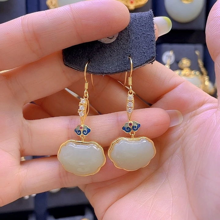 和田玉银S925镀金镶嵌耳饰