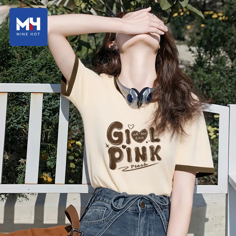 唐狮集团MH短袖t恤女夏季纯棉圆领设计感撞色宽松百搭女款五分袖