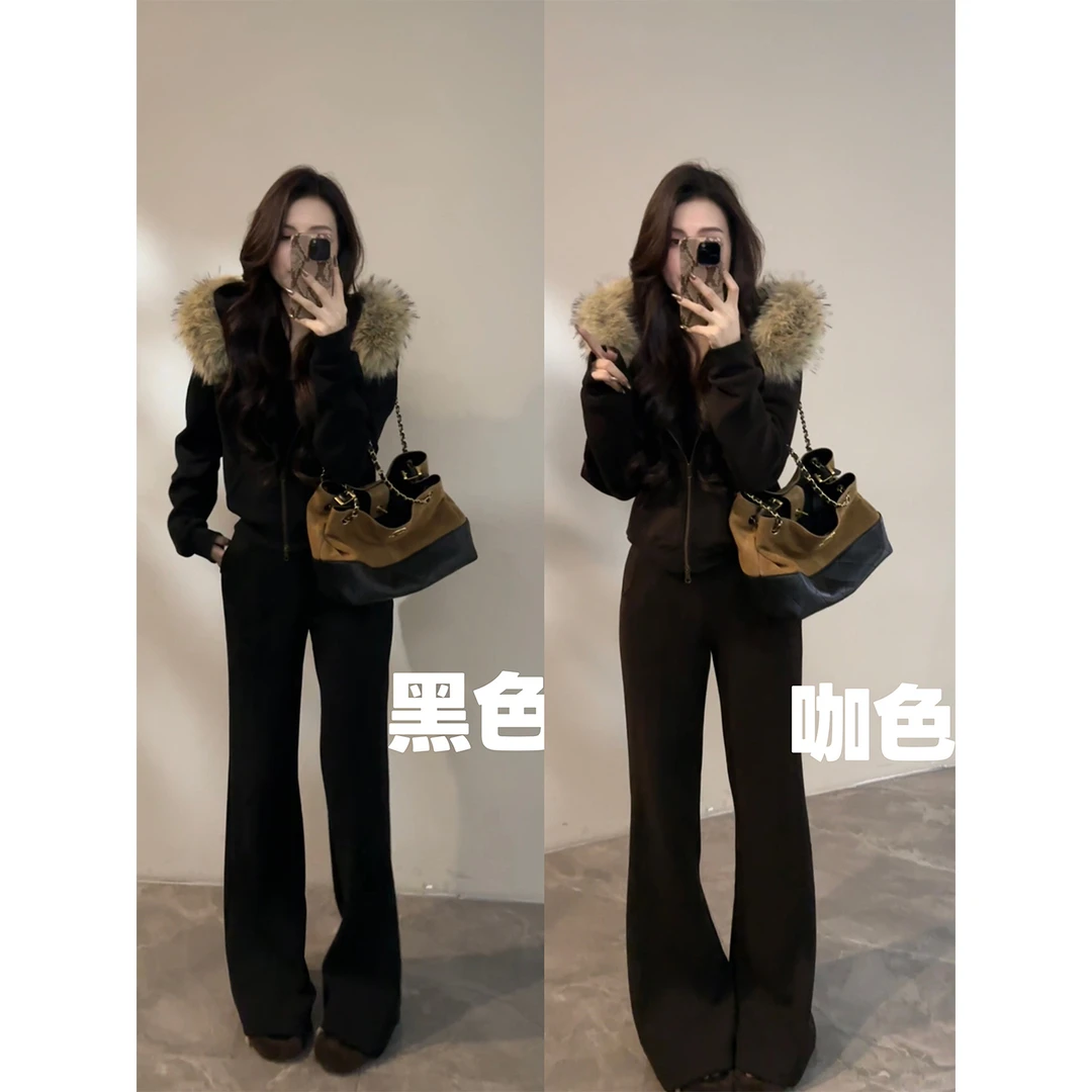 【大婷婷】毛毛衣领加绒保暖外套冬季新款时尚显瘦阔腿裤套装DT1773