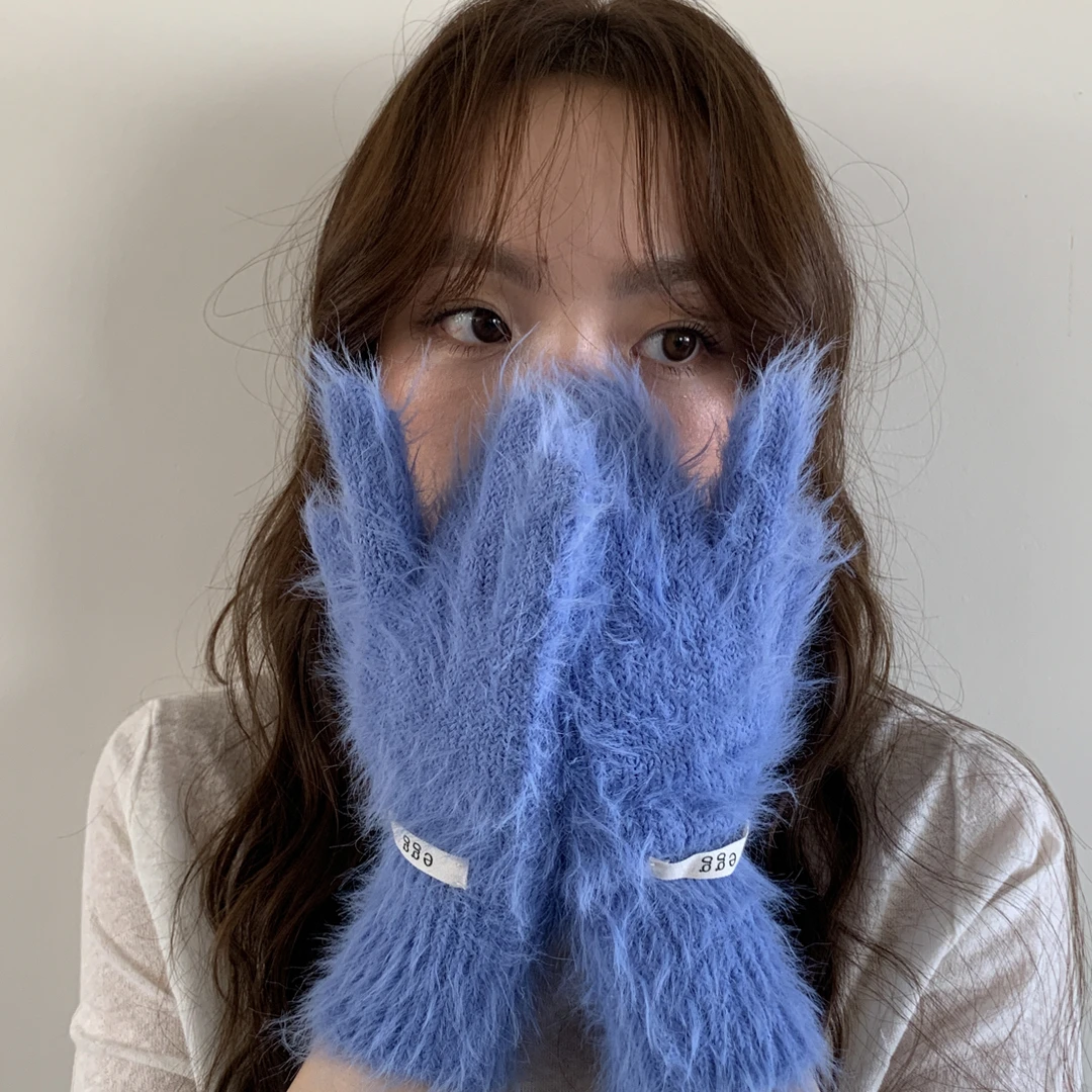 韩系纯色长毛绒绒针织手套加绒女加长护腕冬季防风防寒网红