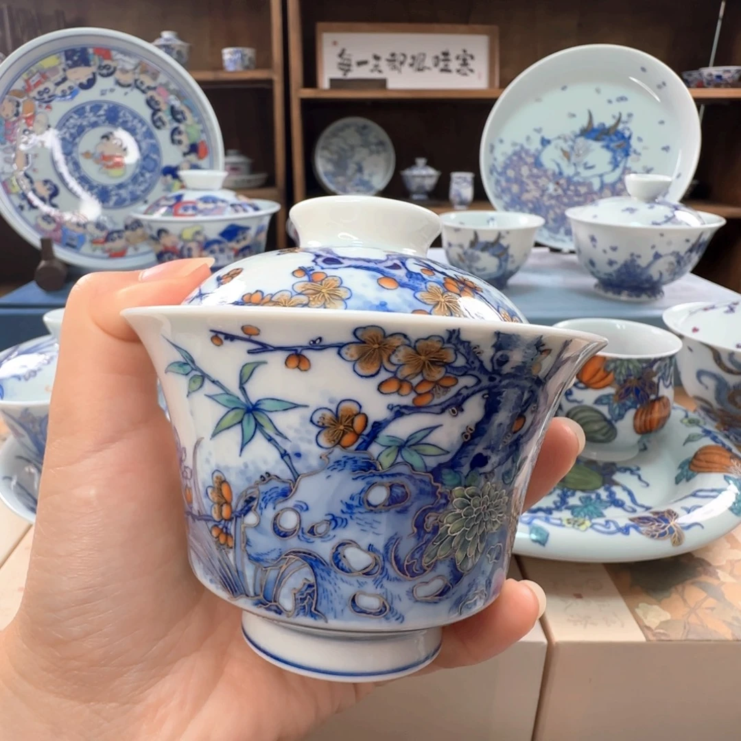 景德镇手绘青花斗彩四季花盖碗