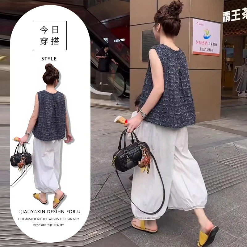 韩版别致减龄套装潮时尚后镂空毛边小香风无袖上衣高腰显瘦阔腿裤