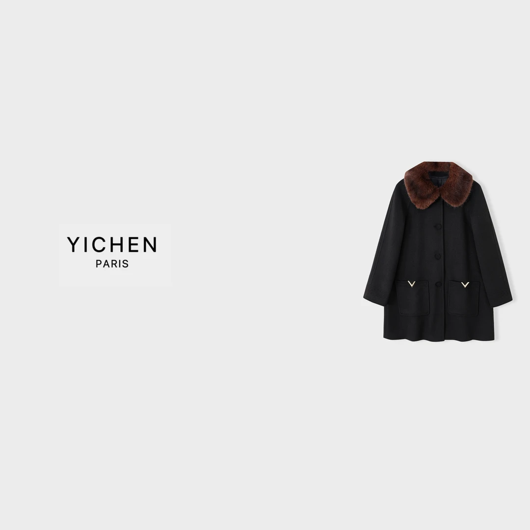 YC 黑金 V T 双口袋毛领廓形羊毛大衣-5306