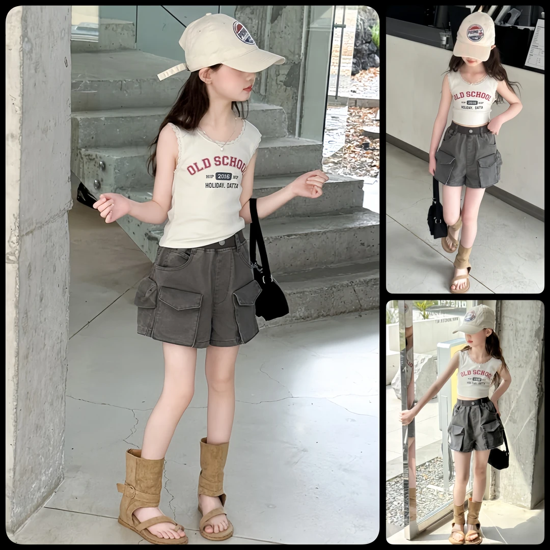 女童背心套装夏季极简穿搭洋气工装短裤2025新款中大童6-12岁潮款